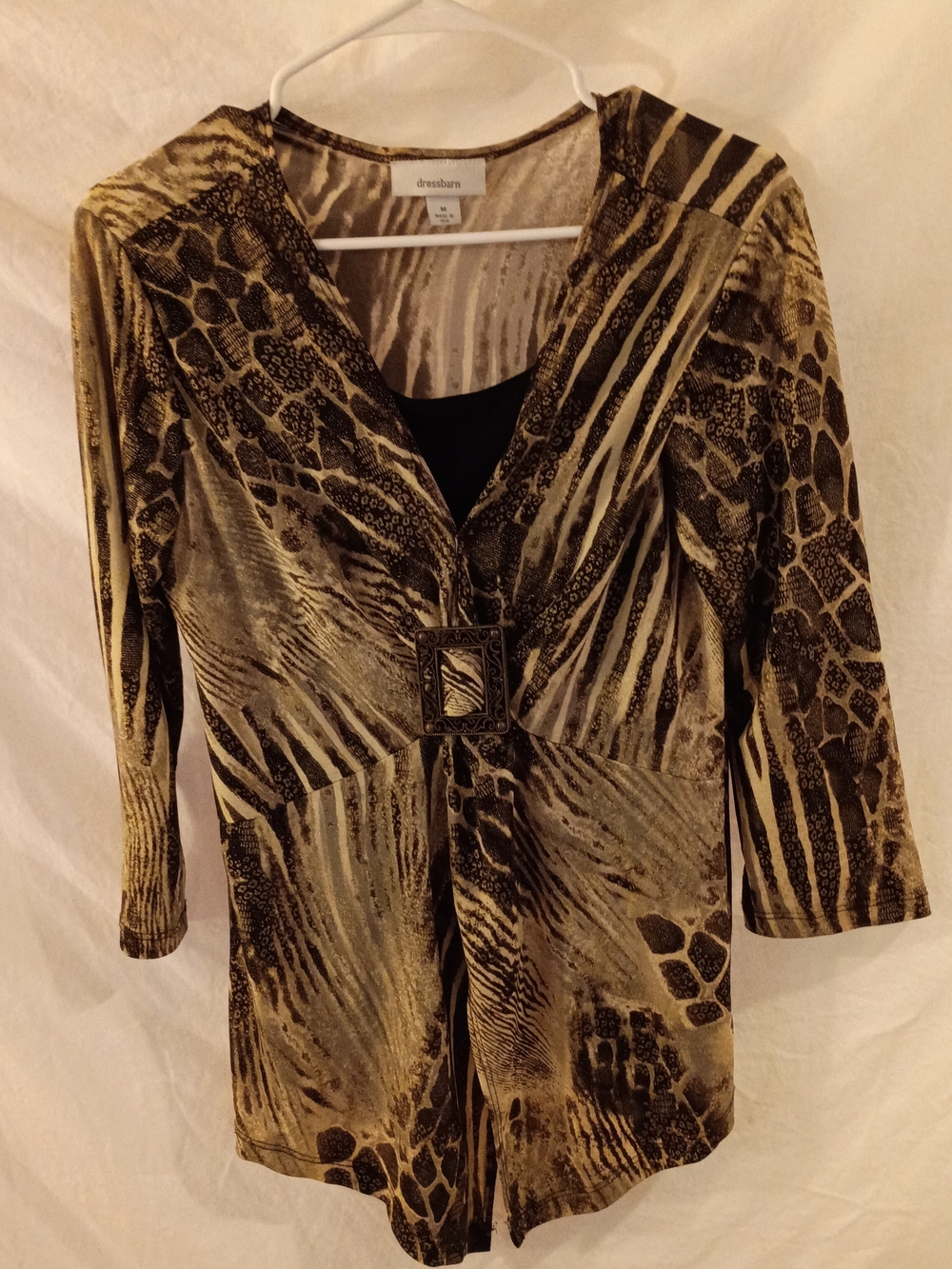 Dressbarn Brown and Beige Animal Print V-Neck Blouse